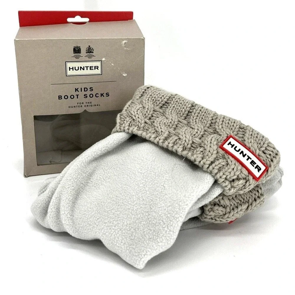 Hunter Boot Socks Tall Cable Knit Fleece Youth XL Tall Greige (grey/beige)